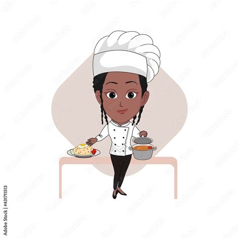 Caricature cartoon of a black chef girl in a chef uniform and holding a pan and her cooking ...