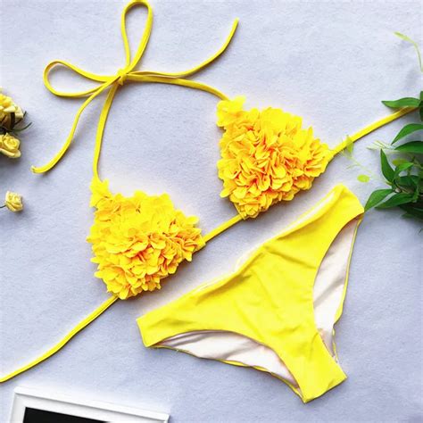 Halter Yellow Swimwear Women New Summer Swim Suit Ruffled Bikini