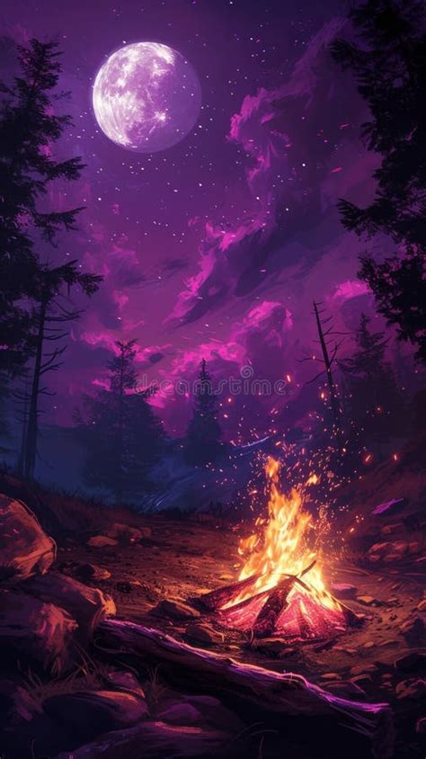 Campfire Under Full Moon with Purple Night Sky and Forest Landscape ...