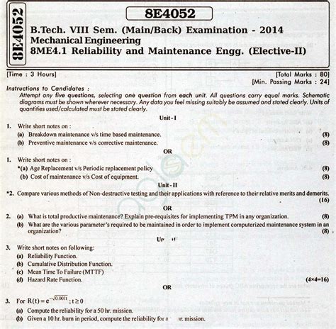 Rtu Question Papers 8 Semester Me Reliability And Maintenance