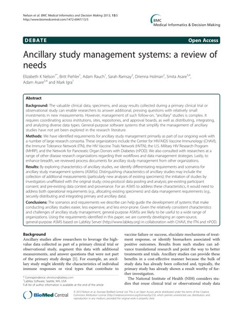 Pdf Ancillary Study Management Systems A Review Of Needs