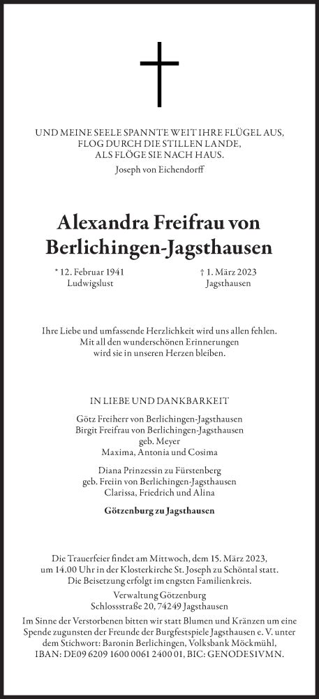 Traueranzeigen Von Alexandra Freifrau Von Berlichingen Jagsthausen SZ