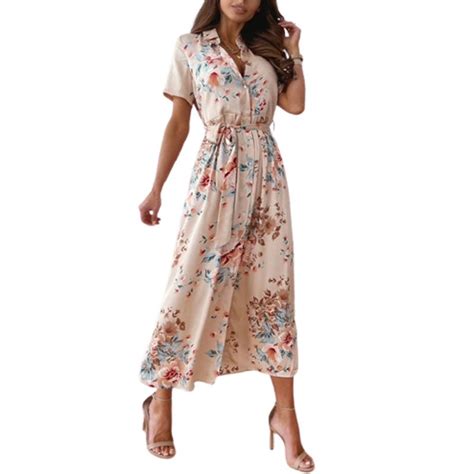 Buy Women Boho Summer Side Split Deep V Neck Short Sleeved Maxi Dress