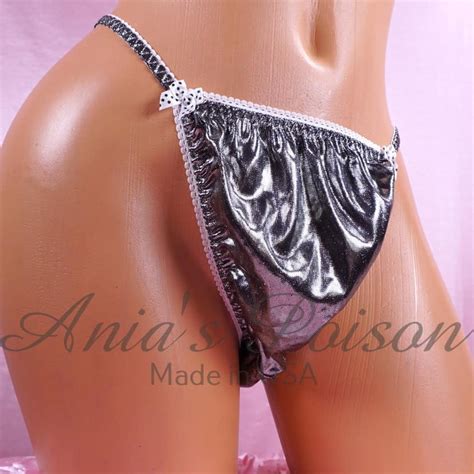 Anias Sissy Silver Navy Shiny Metallic Foil Wetlook String Bikini Men