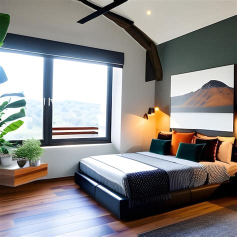 Premium Photo | A bedroom with a bed and a plant on the wall