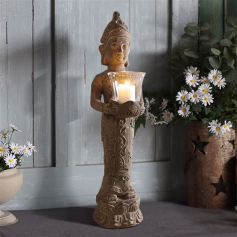 21.9" Brown Resin Garden Buddha Statue With Candle Holder Outdoor ...