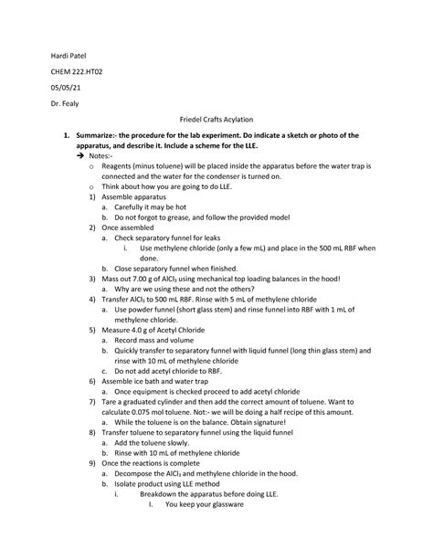 Friedel Craft Acylation Lab Report:- Hardi Patel CHEM 222 05/05/ Dr ...