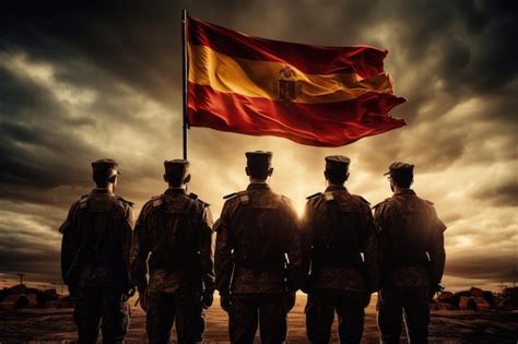 Un grupo de soldados se paran al revés frente a una bandera de españa