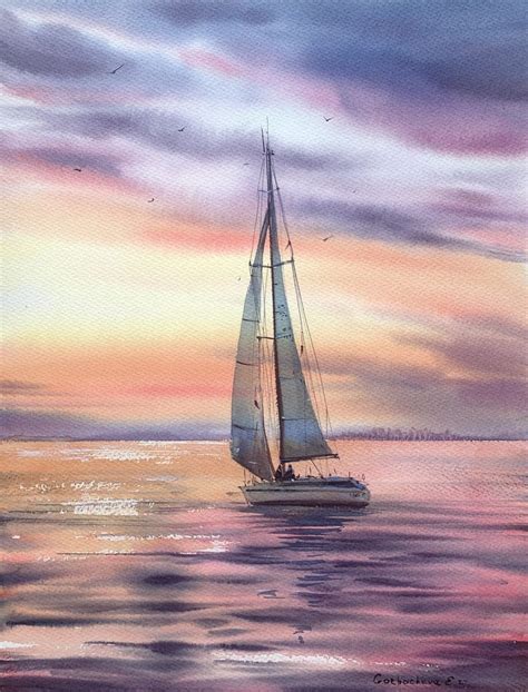 Original Watercolor Painting Yacht At Sunset Watercolor Boat