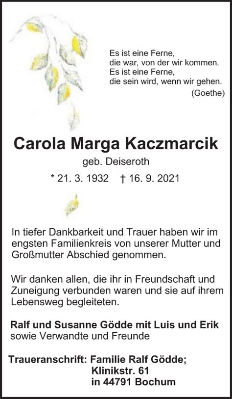 Traueranzeigen Von Carola Marga Kaczmarcik Trauer In Nrw De