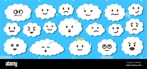 White flat vector cloud set with emoji. Clouds cartoon symbols on blue background with shadow ...