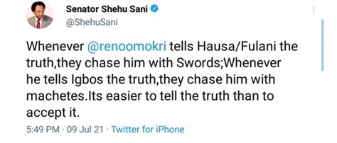 Shehu Sani Reveals How Hausa Fulani Igbo People React To Reno S Truths