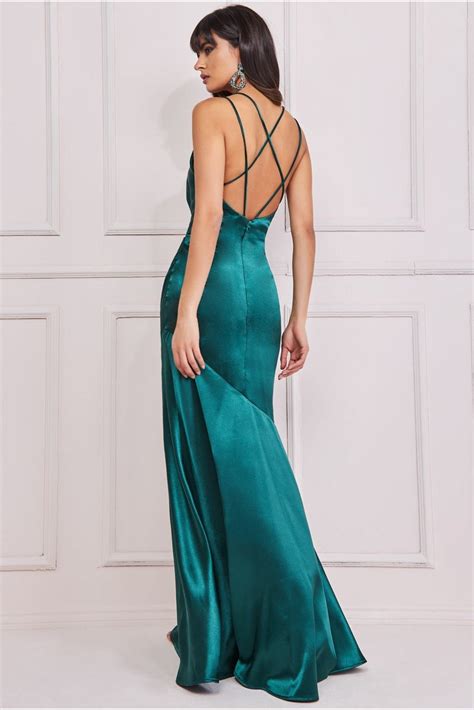 Goddiva Cowl Neck With Strappy Back Satin Maxi Emerald