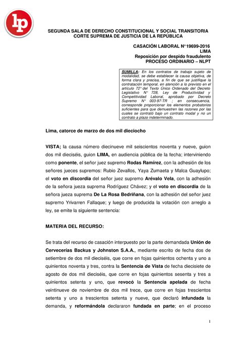 Casacion Laboral Lima Legis Corte Suprema De Justicia De