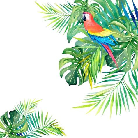 Una composición tropical de ramas de palma y un loro guacamayo rojo