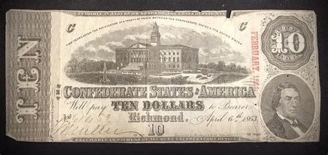 Antique Old 1864 10 Dollar Bill Confederate Money Currency Civil War No Antique Price Guide