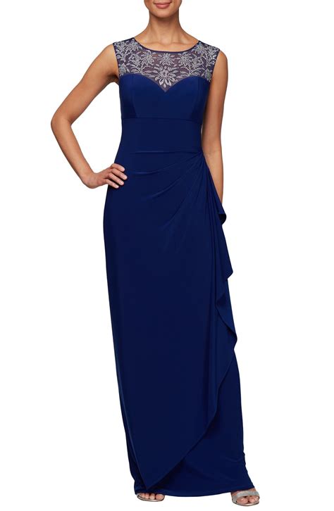 Alex Evenings Beaded Illusion Yoke Column Gown Bright Sapphire