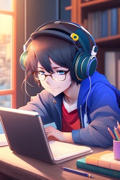 Na počesť vzlykající starostlivý anime boy with glasses and headphones ...