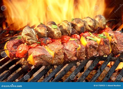 Spit Roast Beef Kebabs On The Hot Flaming Bbq Grill Stock Image Image Of Kabob Kebob 61750925