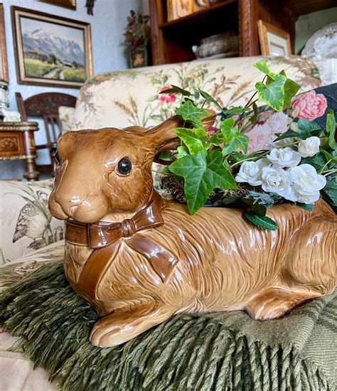 X Lg Vintage Fitz And Floyd Realistic Bunny Rabbit Planter Flower Pot