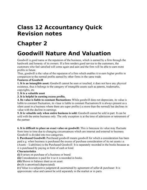 Class 12 Accountancy Quick Revision Notes Goodwill Nature AND Valuation