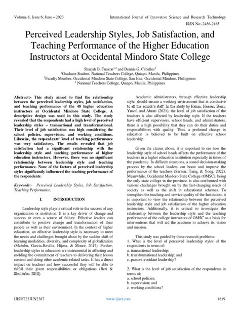 Perceived Leadership Styles Job Satisfaction And Teaching Performance