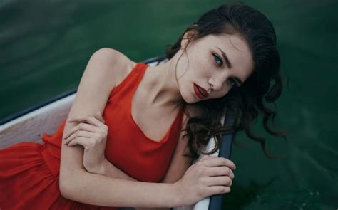 Brunette Boat Freckles Anton Ulyanov Open Mouth Red Lipstick