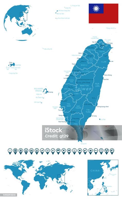 台湾 都市地域世界地図と地球上の位置と詳細な青い国の地図インフォグラフィックアイコン 台湾国旗のベクターアート素材や画像を多数ご用意