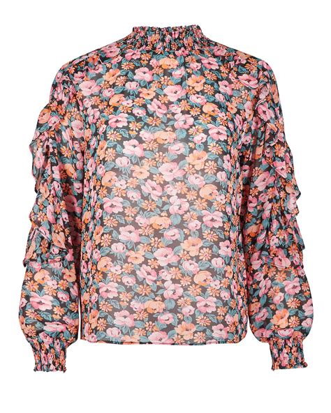 Floral Meadow Print Black High Neck Blouse Oliver Bonas