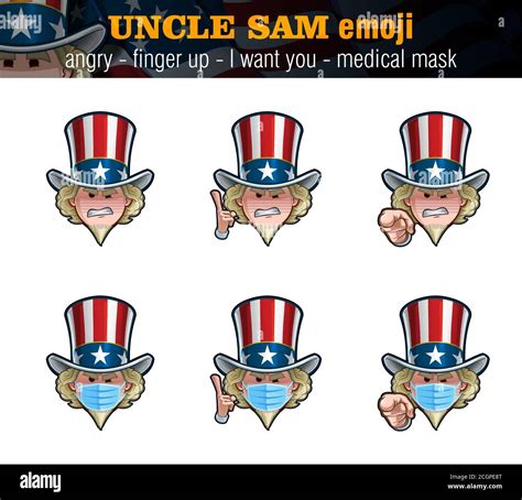 Vector Illustrations Set Of Cartoon Uncle Sam Emoji With Angry