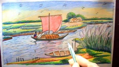 How TO Draw Scenery Of River And Boat Step By Step River And Sailboat