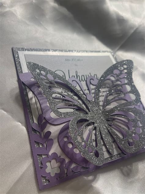 Lilac and silver butterfly quinceañera invitations rosemarie invites