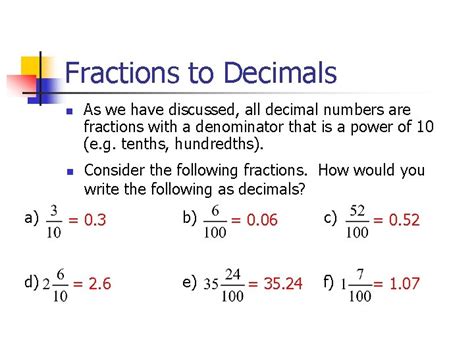 Converting Simple Decimals To Fractions And Vice Versa