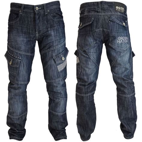 Mens Jeans Crosshatch New Cargo Combat Dark Washed Straight Leg Jeans