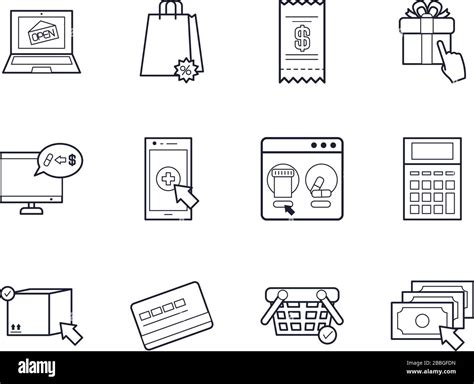 Computers And Shopping Online Icon Set Over White Background Line