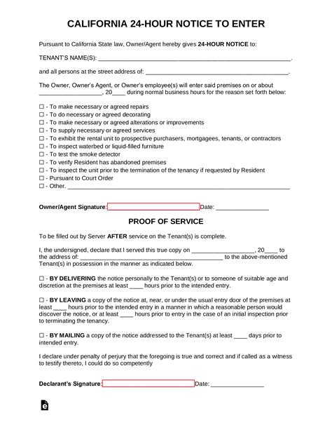 Free California 24 Hour Landlord Notice To Enter Form Pdf Word Eforms