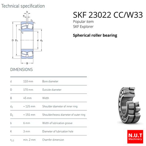 SKF 23022 CC W33 ตลบลกปนเมดโคง 2แถว รตรง NUT Machinery