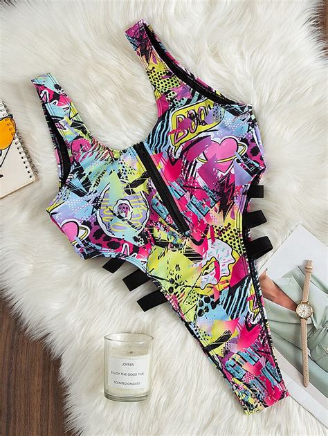 Allover Print Ladder Cut Out Side One Piece Swimsuit Shein Usa