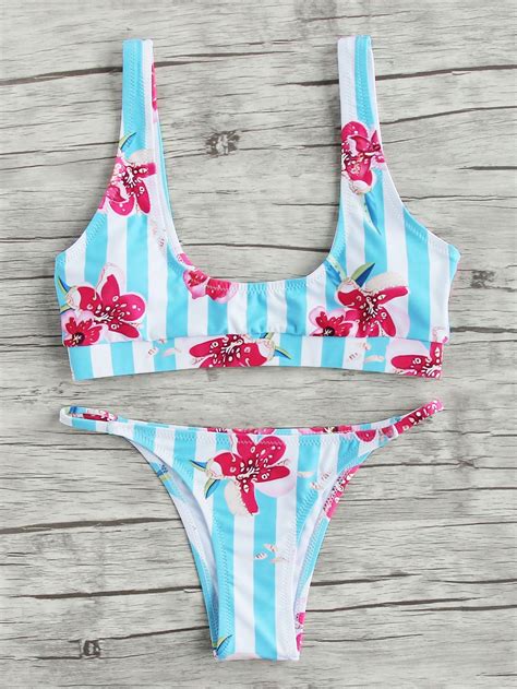 Double Scoop Neck Flower Print Striped Bikini Set Striped Bikini Sets