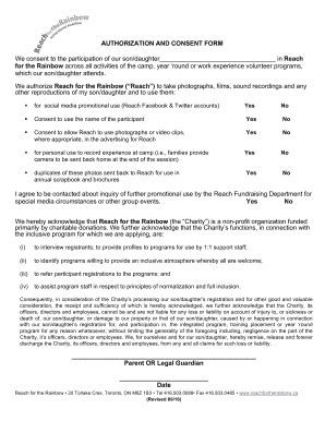 Fillable Online Authorization Consent Form 2017 Reach For The Rainbow