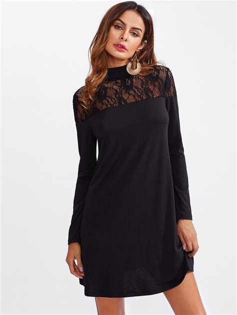 Sheer Lace Yoke Tee Dress Shein Sheinside