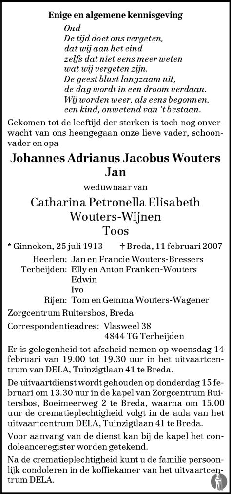 Johannes Adrianus Jacobus Jan Wouters Overlijdensbericht