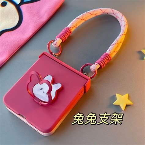 Cute Korean Kawaii Rabbit Ring Bracket Gradient Case With Hand Strap For Galaxy Z Flip 5