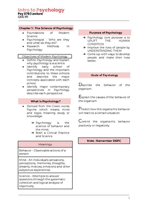 Intro to Psych Notes for Quiz - Intro to Psychology Psy 079 | Lecture