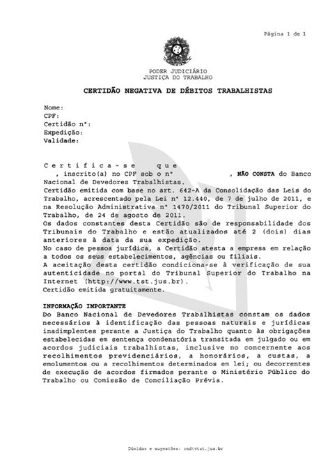 Certidão Negativa de Débitos Trabalhistas CNDT do TST Documento no