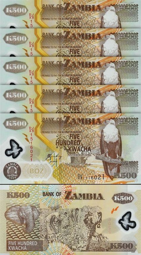 Zambia 500 Kwacha 2008 UNC 5 Pcs LOT REPLACEMENT X3 P 43f Polymer