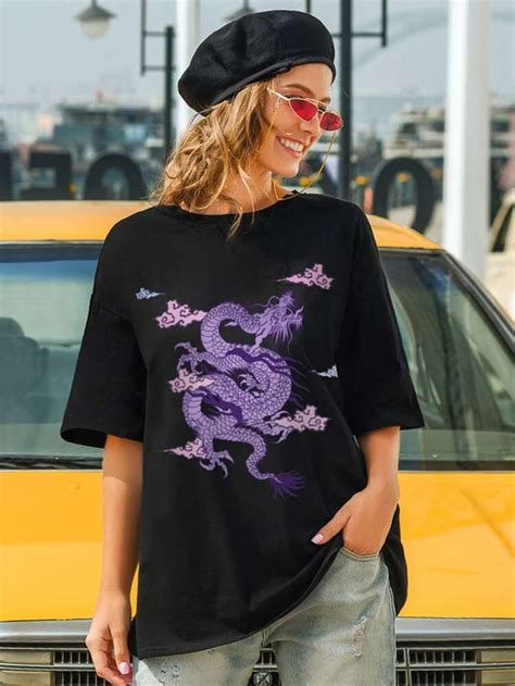 Dragon Print Oversized Tee Romwe Oversized Tee Retro Outfits