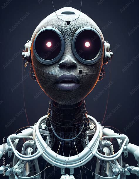 Sci-Fi Female Cyborg Face Mechanism 3D Conceptual Art Illustration. Vertical Portrait of ...