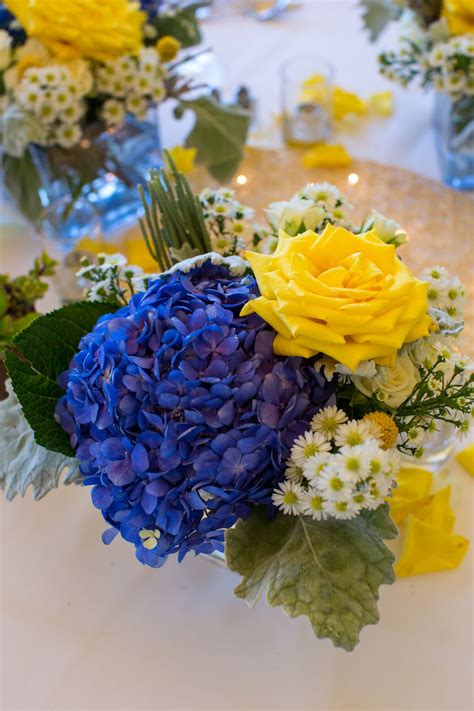 Yellow Rose and Blue Hydrangea Centerpiece with White Aster