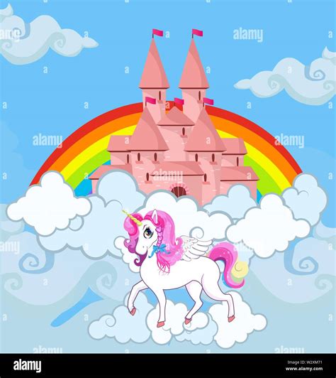 Unicorn At Sky Castle Bright Rainbow Kawaii Background Princess